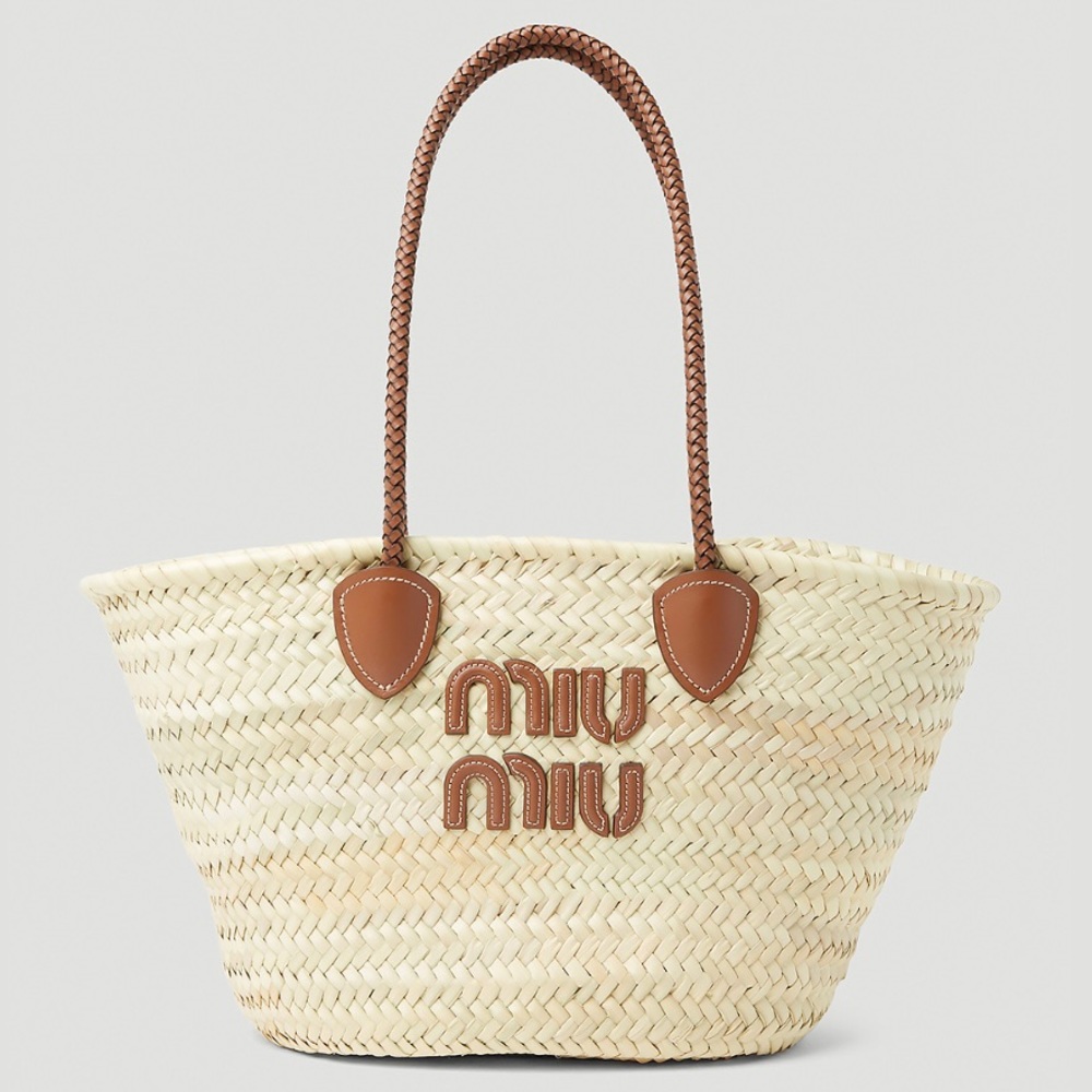 MIU MIU Palmetto logo leather trimmed raffia tote bag